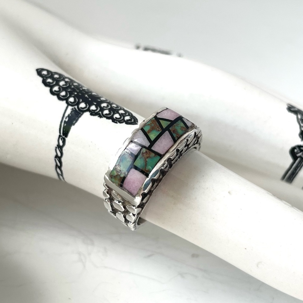 Vintage 90s Abstract Rose Quartz and Green Variscite Sterling Silver Ring Size 8